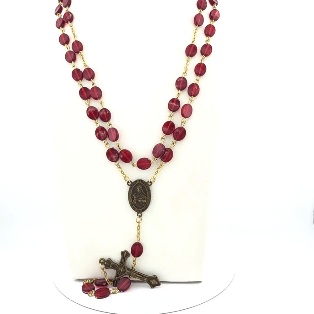 Saint Therese Of Lisieux Rosary Necklace Cross Red Bead Bronze Gold Tone 36"